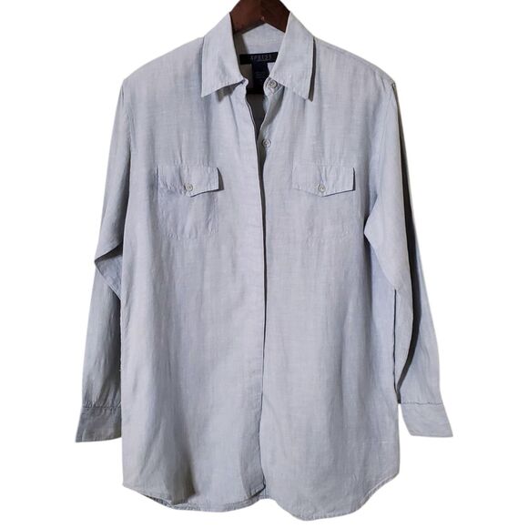 Vintage Express World Brand Linen Shirt Size S Blue Lagenlook Oversized Womens - Picture 1 of 9